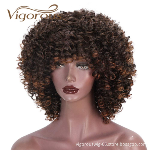 Vigorous Hot Selling Cheap Price Short Fluffy Kinky Curly Ombre Color Machine Made Cosplay For Black Women Synthetic Hair Wigs